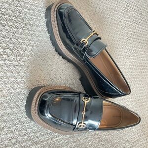 Black Patent Leather Loafers with Gold Buckle, SAM Edelman, Size US7.5